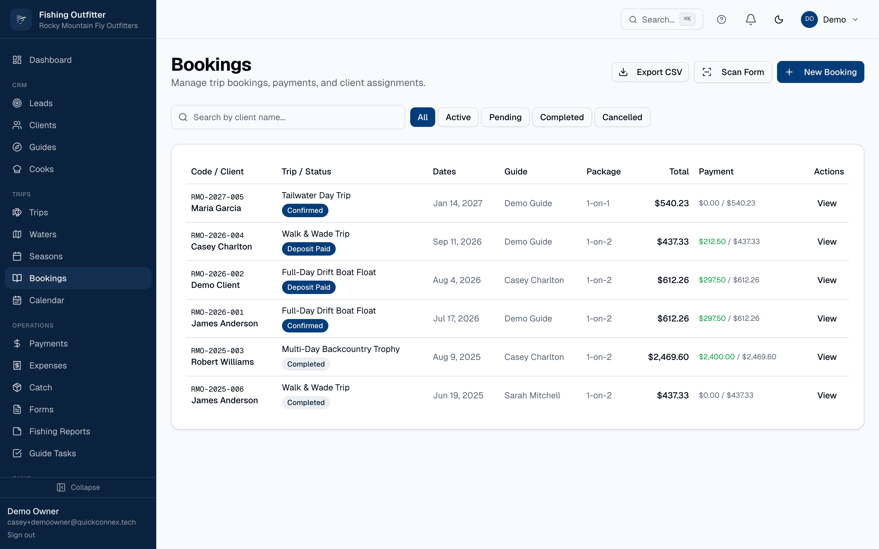 The Fishing Outfitter bookings dashboard — trips, guides, payments, and catch in one place