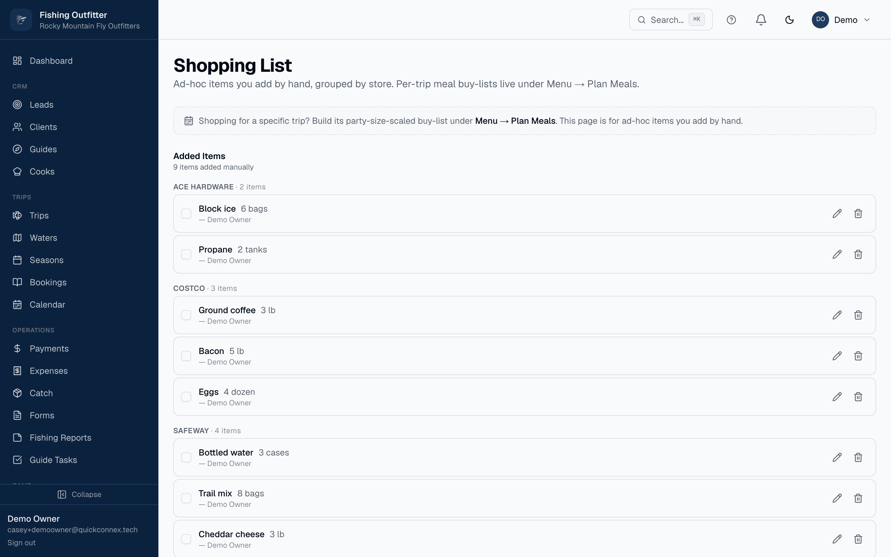 Camp shopping list grouped by store, ready for a supply run.
