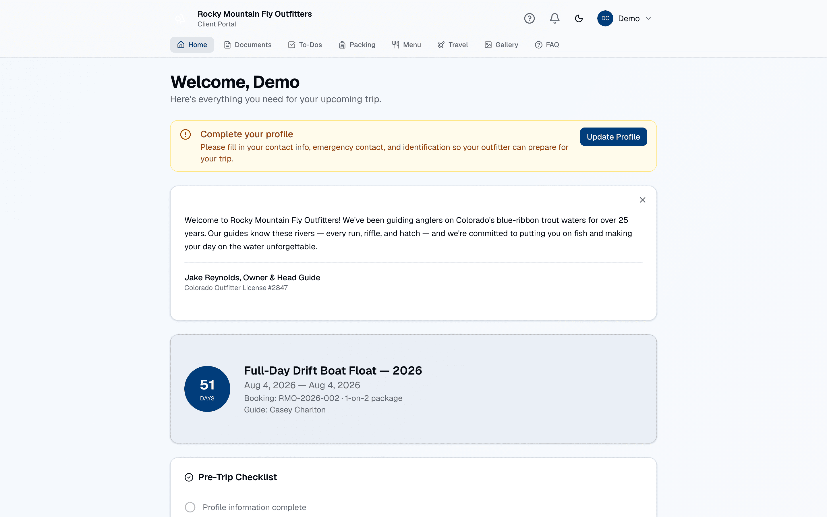 Branded client portal home with a trip countdown and pre-trip checklist.