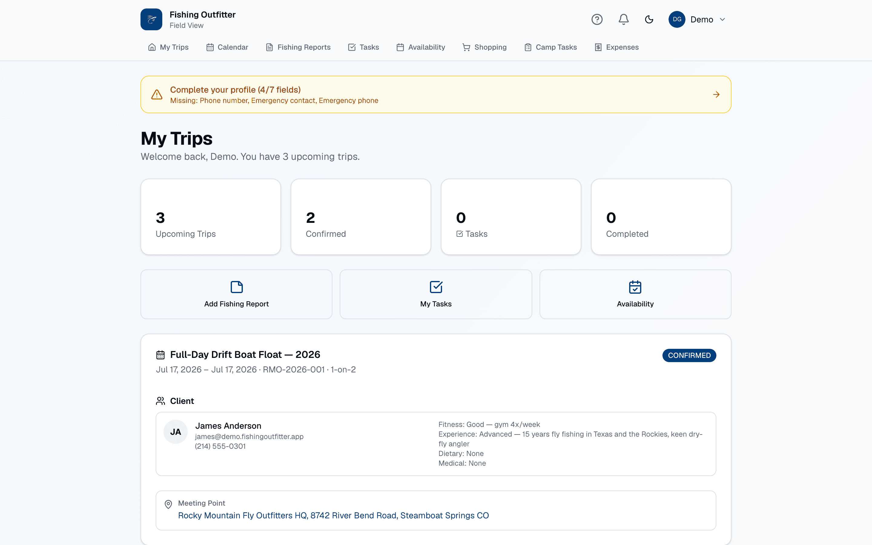 Guide portal dashboard with assigned trips, tasks, and fishing reports.